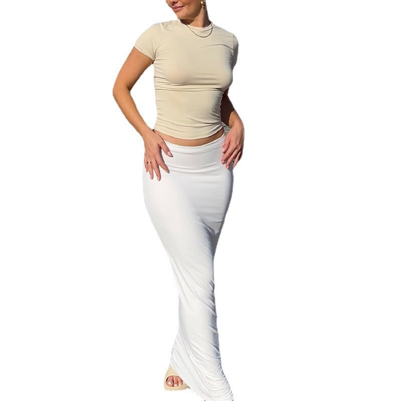 Camiseta informal de verano para mujer, color liso, cuello redondo, manga corta, sin mangas