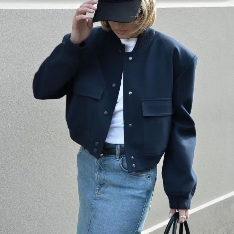 Chaqueta de manga larga con bolsillos grandes y cuello informal para mujer, moda de primavera y otoño