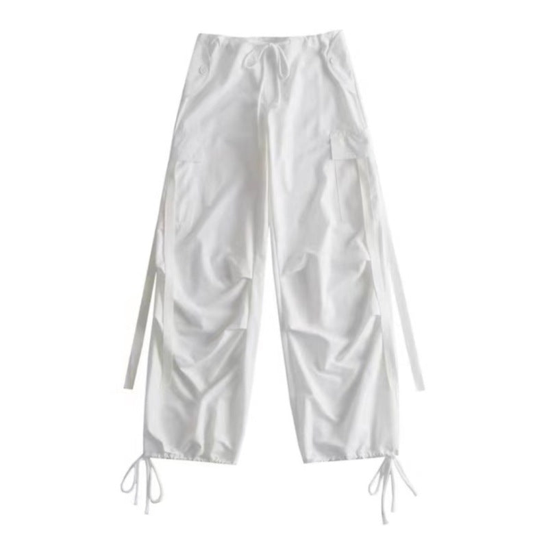 Women Casual Solid Color Loose Drawstring Foot Strap Cargo Pants