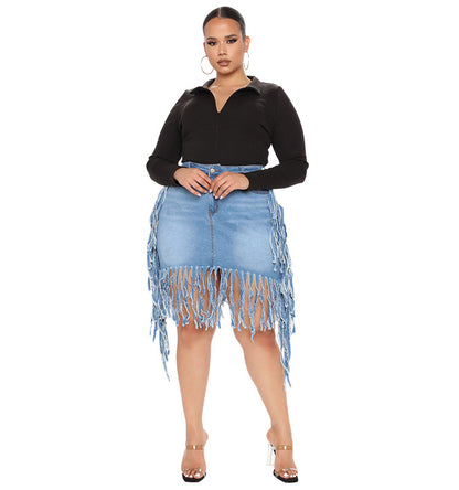 Plus Size Women Casual Solid Color Tassel Denim Skirt