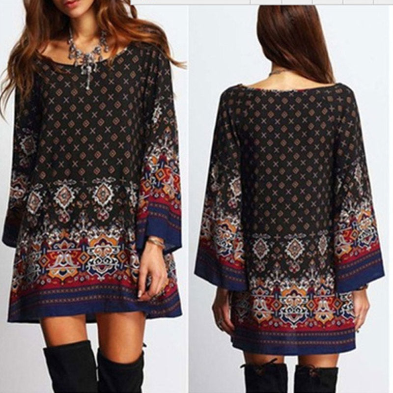 Vestido mini de playa bohemio de verano holgado con estampado geométrico informal de gasa vintage para mujer