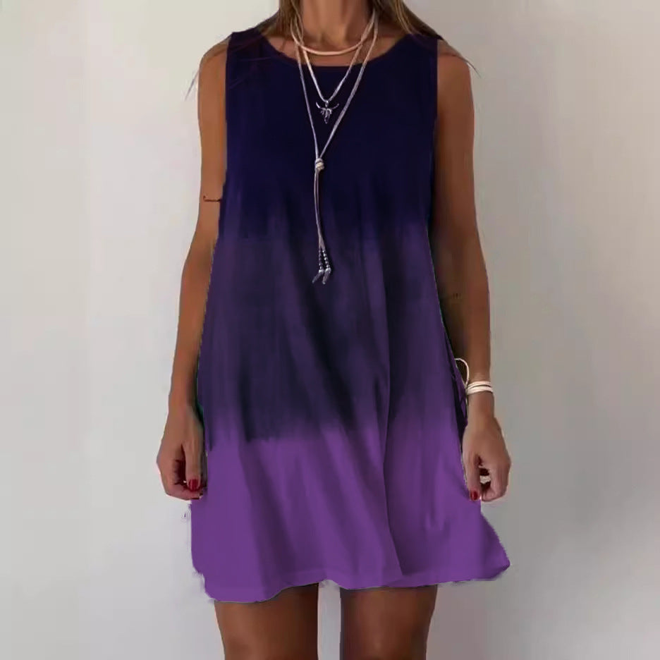 Women Casual Round Neck Gradient Print Loose Dress