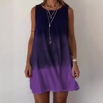 Women Casual Round Neck Gradient Print Loose Dress