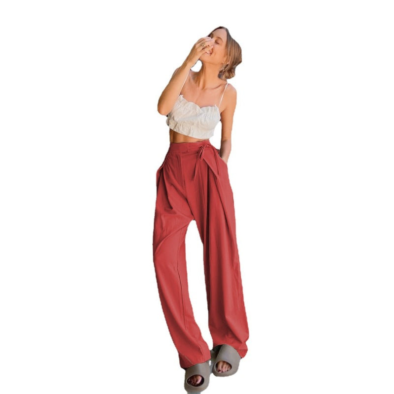 Pantalones casuales de cintura alta holgados de color sólido a la moda para mujer