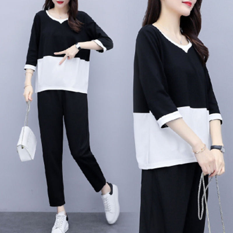 Conjunto informal de dos piezas con top y pantalón de bloques de color, holgado y de talla grande para mujer