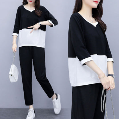 Conjunto informal de dos piezas con top y pantalón de bloques de color, holgado y de talla grande para mujer