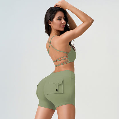 Conjunto de dos piezas de yoga con sujetador y pantalones cortos de cintura alta, estilo casual, sin espalda cruzada y a prueba de golpes para mujer