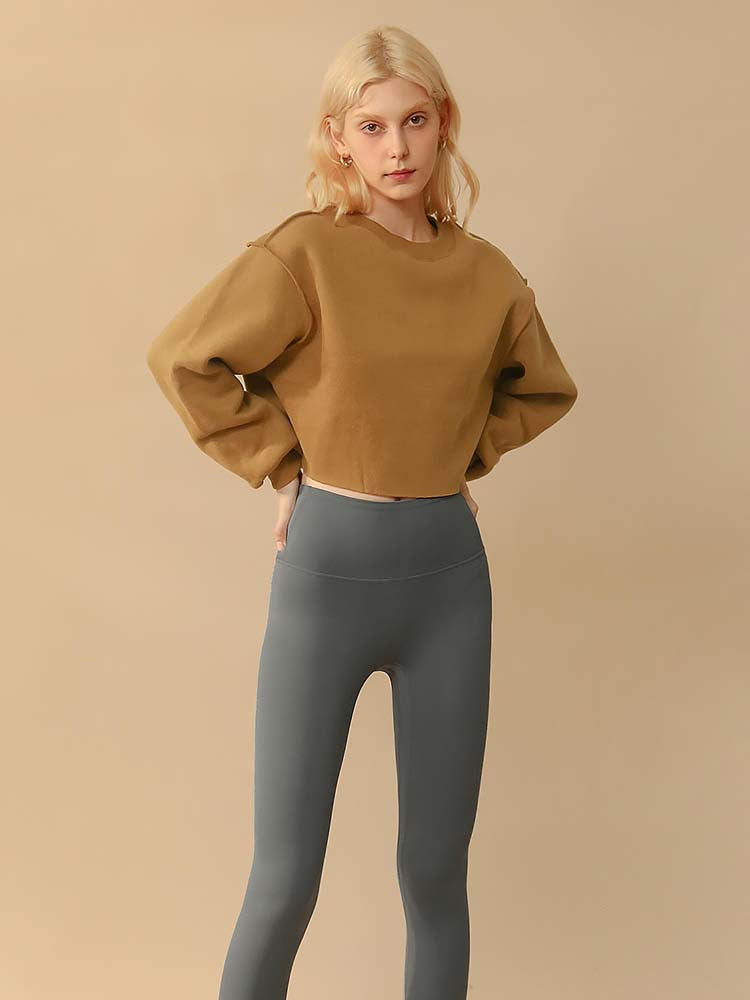 Sudadera corta informal de manga larga con cuello redondo y color liso para mujer de otoño e invierno