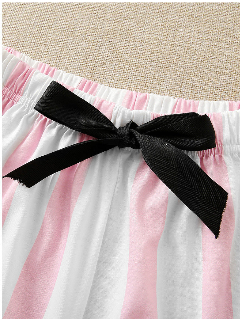Conjunto de pijama informal para mujer, con estampado de letras y rayas anchas en color rosa, de manga larga, con top corto y pantalones cortos con lazo