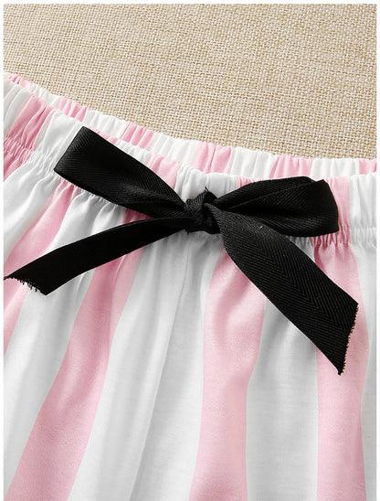 Conjunto de pijama informal para mujer, con estampado de letras y rayas anchas en color rosa, de manga larga, con top corto y pantalones cortos con lazo