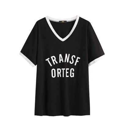 Camiseta informal de manga corta con cuello en V y estampado del alfabeto para mujer, talla grande