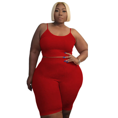 Plus Size Women Athleisure Casual Sports Two-Piece High Elastic U-Shaped Sleeveless Camis Shorts Set