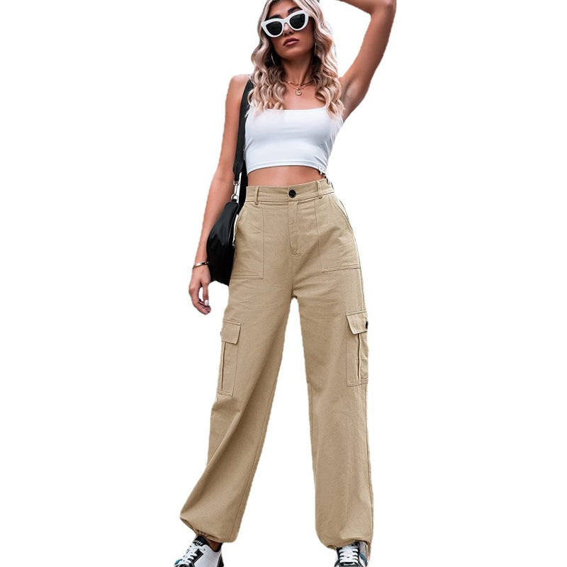 Summer Casual Women Plus Size Button High Waist Wide Leg Cargo Pants