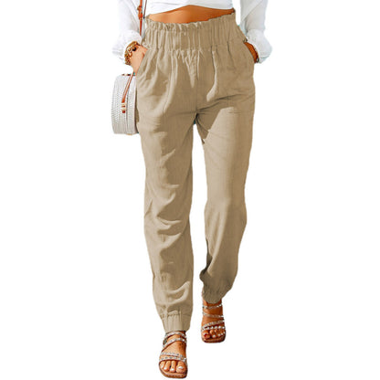 Women Ruffled Elastic Belt Mid Waist Solid Color Casual Jogger Pants