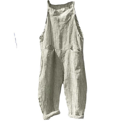 Women Stripe Printed Suspender Pocket Loose Casual Jumpsuit