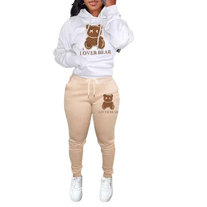 Autumn Winter Thickened Hooded Bear Pattern Sweatshirt And Pants Women Casual Athleisure Set