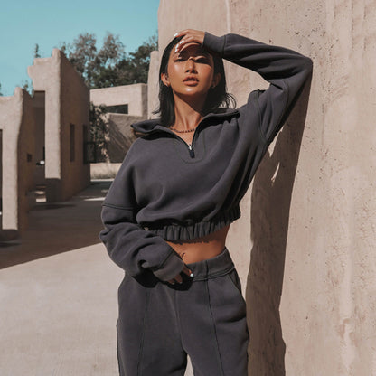 Women Solid Color Stand Collar Zip Long Sleeve Top And Pants Casual Sports Two Piece Set