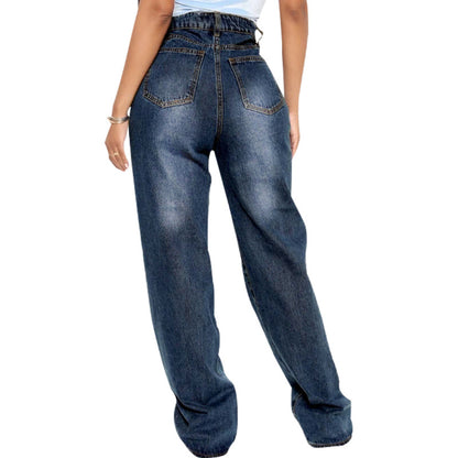 Women Casual Raw Hem Ripped Denim Wide Leg Jeans