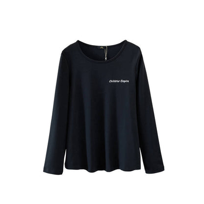 Camiseta informal de manga larga con cuello redondo y color liso de talla grande para mujer