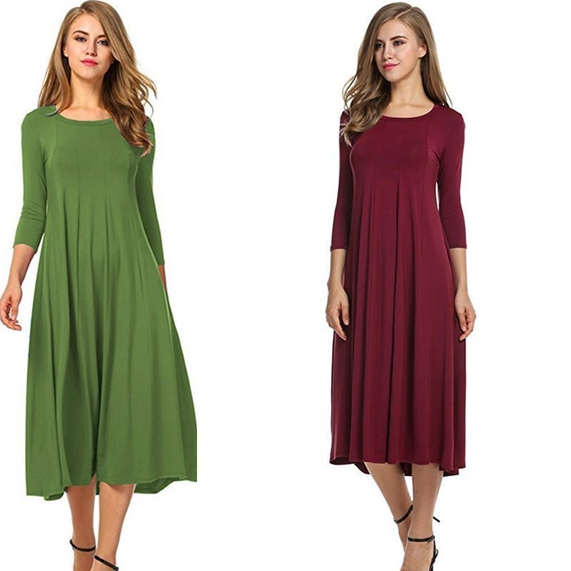 Women Fashion Casual Solid Color Pleated Dress