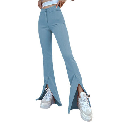 Women Solid Color Casual Flared Pants Slit High Waist Pants