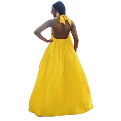 Women Fashion Casual Sleeveless Halter Neck Backless Solid Color Loose Dress