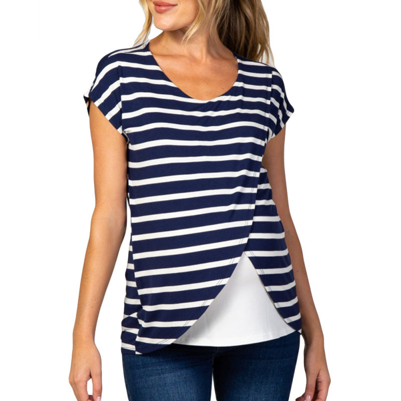 Camiseta de lactancia materna de manga corta con estampado de rayas informal para embarazadas