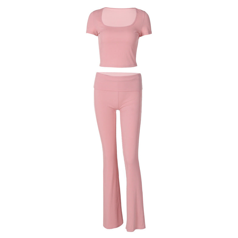 Conjunto de dos piezas de top corto y pantalones de manga corta con cuello redondo y color liso para mujer de verano