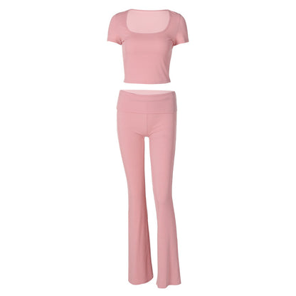 Conjunto de dos piezas de top corto y pantalones de manga corta con cuello redondo y color liso para mujer de verano