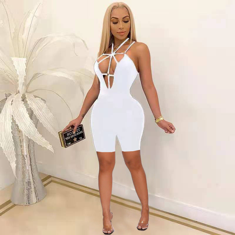 Mono informal ajustado con escote en V profundo y tirantes para mujer, de color liso