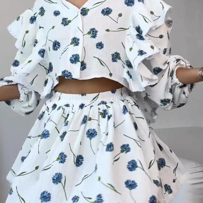 Fashion Casual Sweet Women Strawberry Heart Floral Print Long Sleeve Ruffled Blouse And Skirt Set