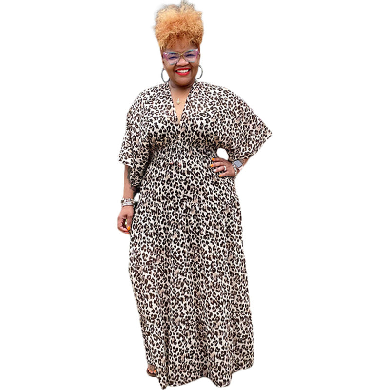 Women Fashion Casual Plus Size Leopard Print Deep V Dress