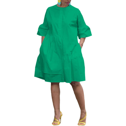 Spring And Summer Falre Sleeve Solid Color Women Casual Ruffled Dress