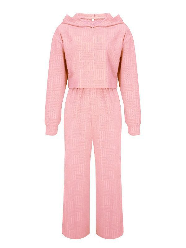 Conjunto de dos piezas informal de color liso con capucha y pantalones de pierna ancha de manga larga para mujer