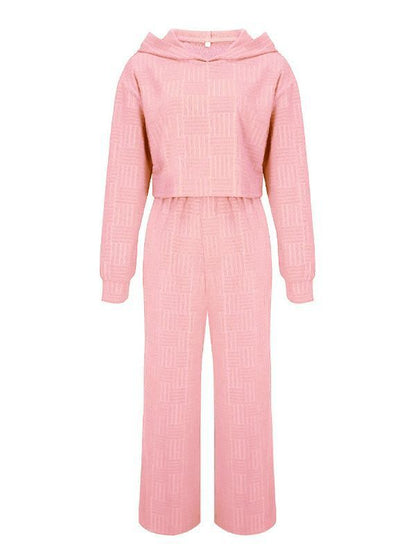 Conjunto de dos piezas informal de color liso con capucha y pantalones de pierna ancha de manga larga para mujer