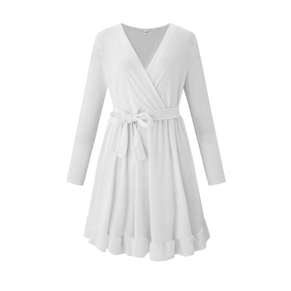 Women Casual Solid Color Sash Tie V-Neck Long-Sleeved Ruffled Wrap Dress
