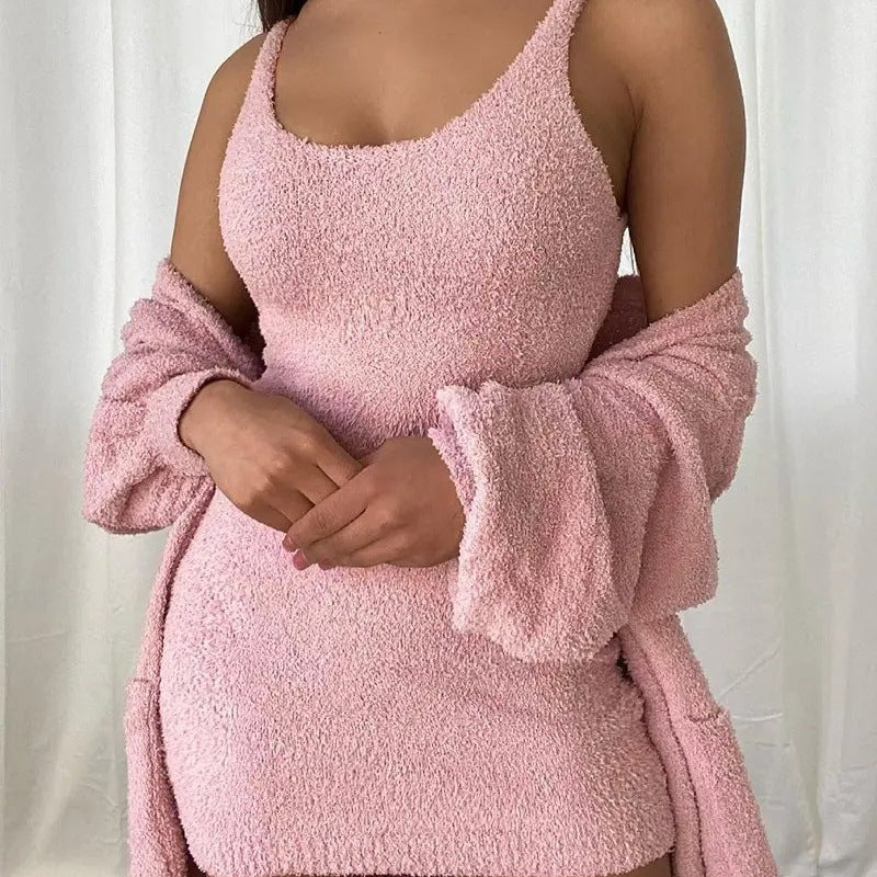 Women Solid Color Plush Slip Dress And Long Sleeve Coat Casual Knitted Two Piece Set