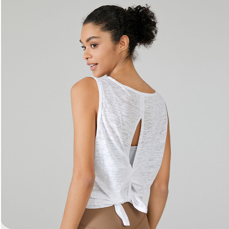 Women Casual Loose Solid Color Round Neck Sleeveless Back Split Sports Tank Top