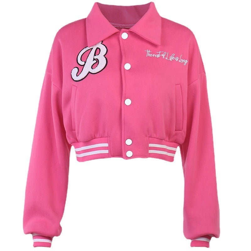 Abrigo de béisbol corto informal de manga larga con botones y estampado de solapa para mujer