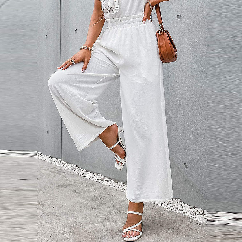 Pantalones casuales de color sólido con cintura alta y pierna ancha para mujer