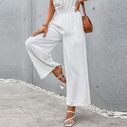 Pantalones casuales de color sólido con cintura alta y pierna ancha para mujer