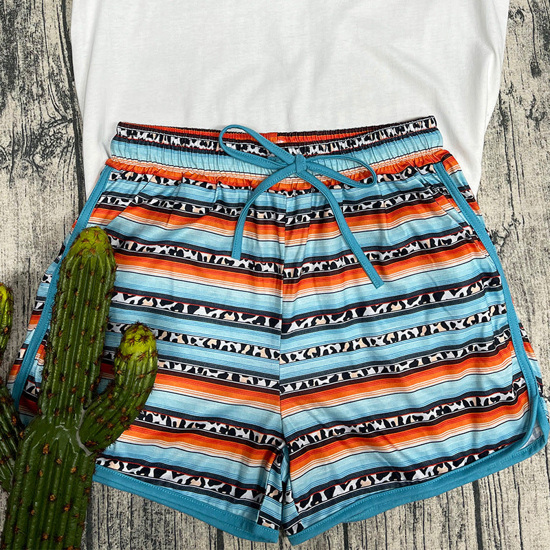 Pantalones cortos casuales de verano para mujer con cordón ajustable y contraste de colores arcoíris