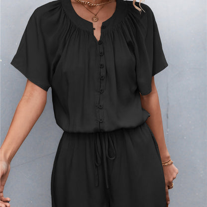 Women Solid Color Pleated Tie Button Casual Rompers