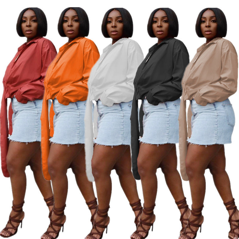 Blusa informal de manga larga con escote en V profundo y plisada de color liso para mujer