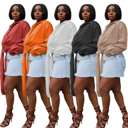 Blusa informal de manga larga con escote en V profundo y plisada de color liso para mujer