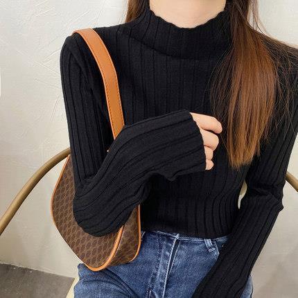 Women Fashion Basic Casual Half High Neck Long Sleeve Knitted Sweater