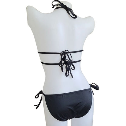 Conjunto de 2 bikinis de cuello halter con cordones de color liso a la moda para mujer