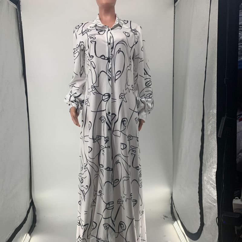 Vestido camisero informal holgado con estampado de rostro abstracto y manga larga de otoño