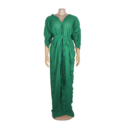 African Women Casual V-Neck Ruffled Solid Color Chiffon Loose Elegant Maxi Dress