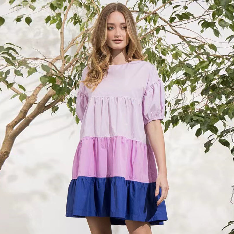 Women Fashion Casual Color Blocking Ruffled Short Sleeves Patchwork Dress